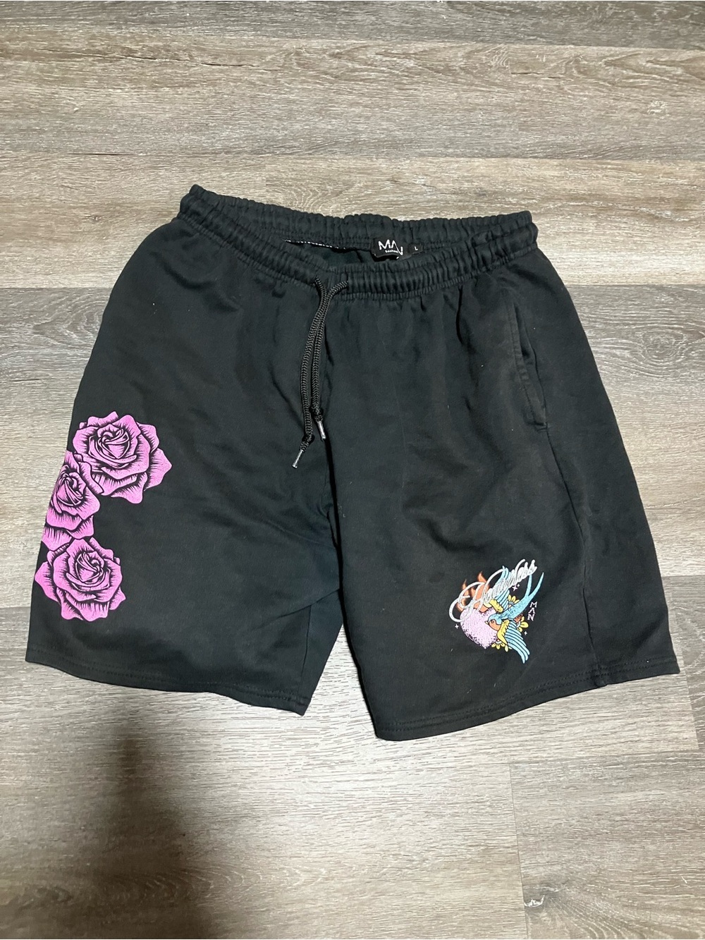 Boohoo Black Athletic Shorts with Pink Rose & Multicolor Bird Motif